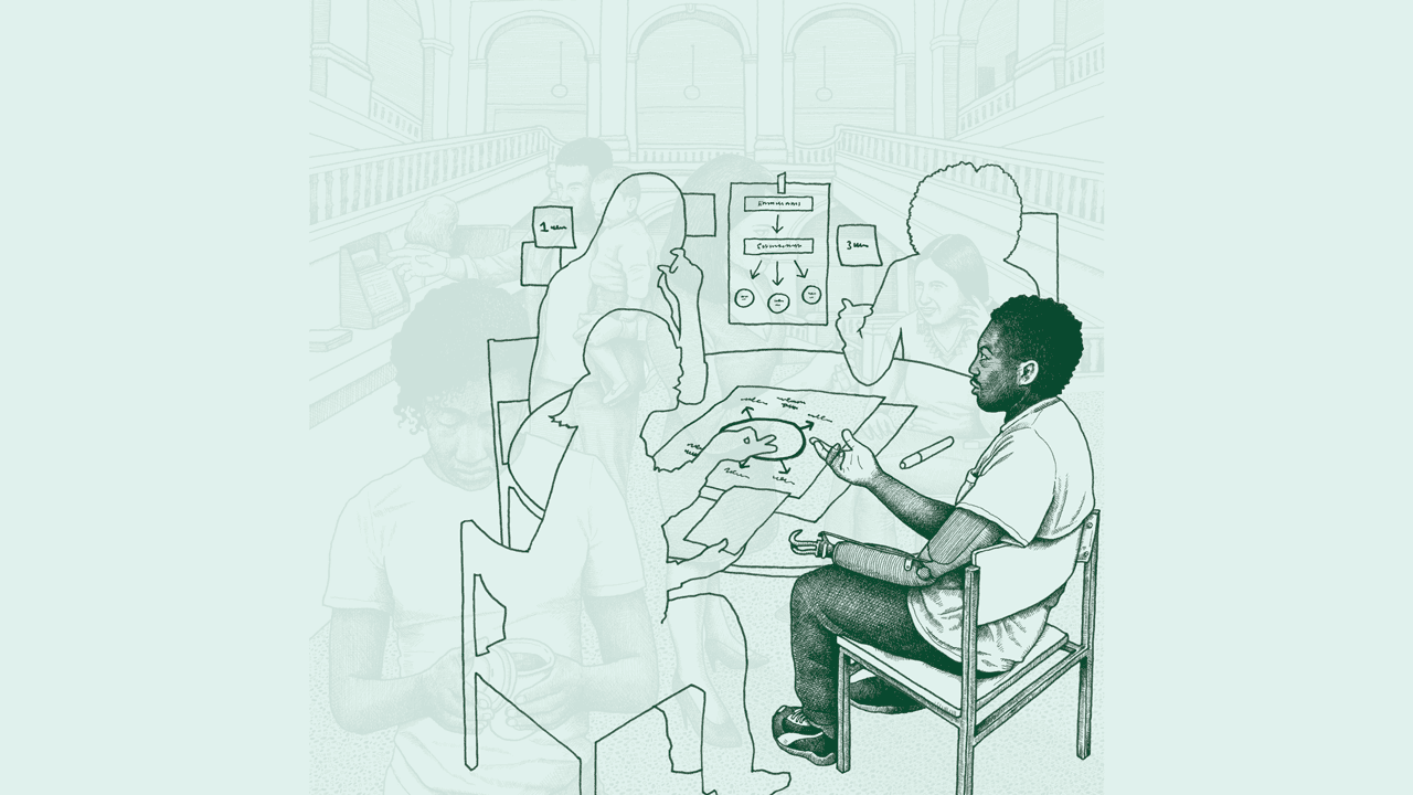 Illustration of a young Black man with a prosthetic left arm. He sits at a table and talks to a group of three people. There are charts and notes on the table and around the room.