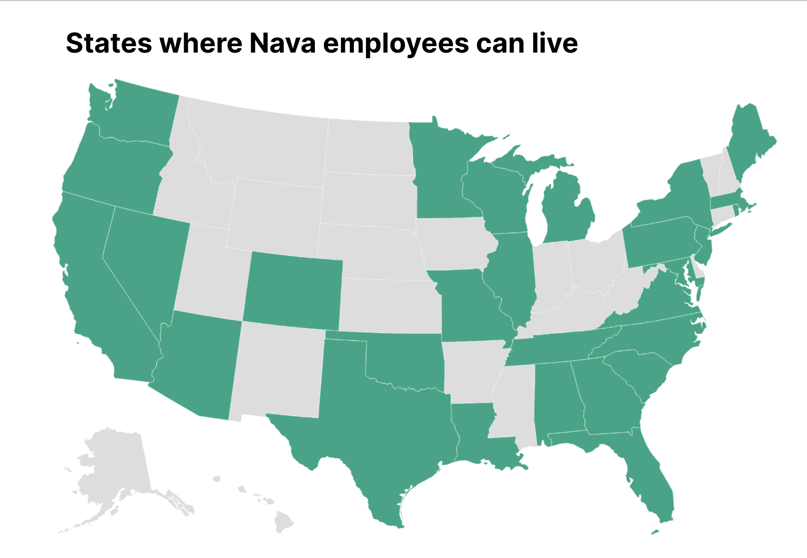 A map of states where Nava employees can live and work remotely. 