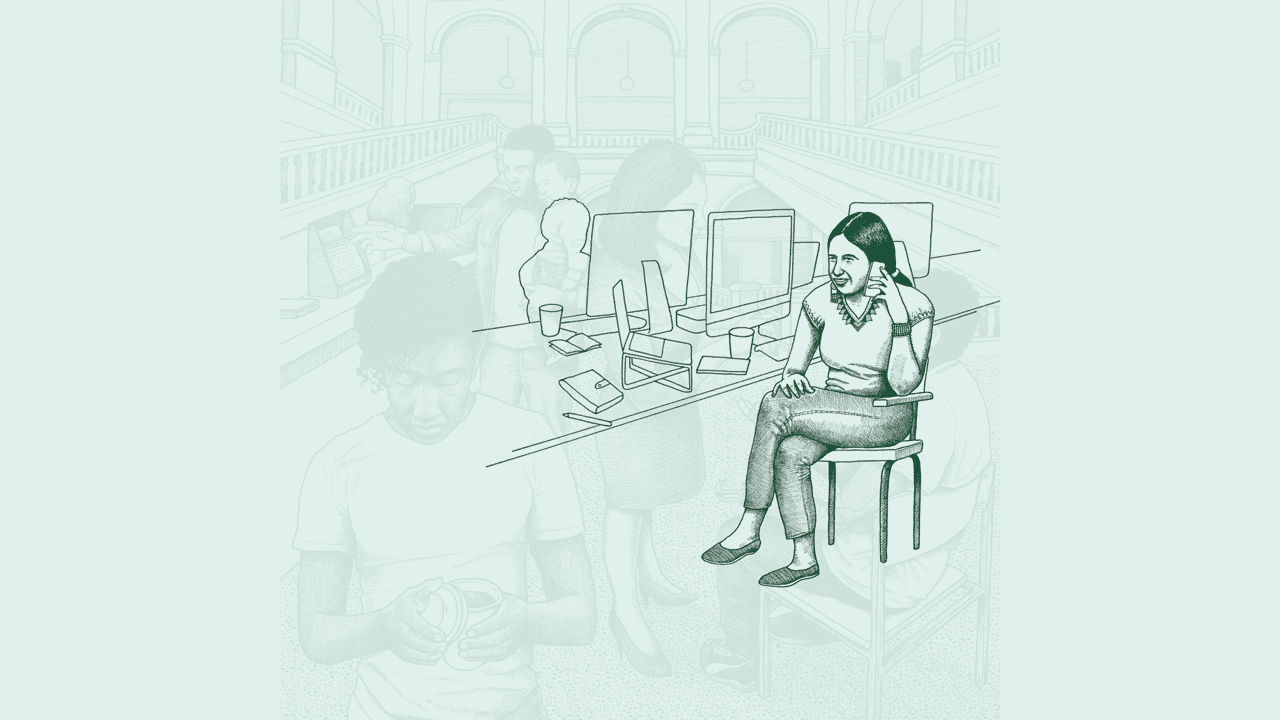 Illustration of a young Indigenous woman sitting at an office desk and talking on her cell phone. There is a laptop, monitor, and notebooks on the desk in front of her. Someone working on a computer sits across from her.