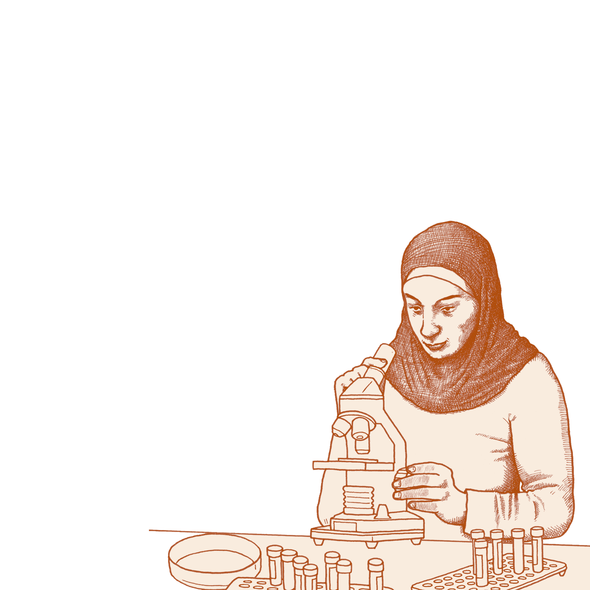 Illustration of a Middle Eastern woman who wears a hijab. She is looking through a microscope in a lab. There are Petri dishes and test tubes on the lab table. 
