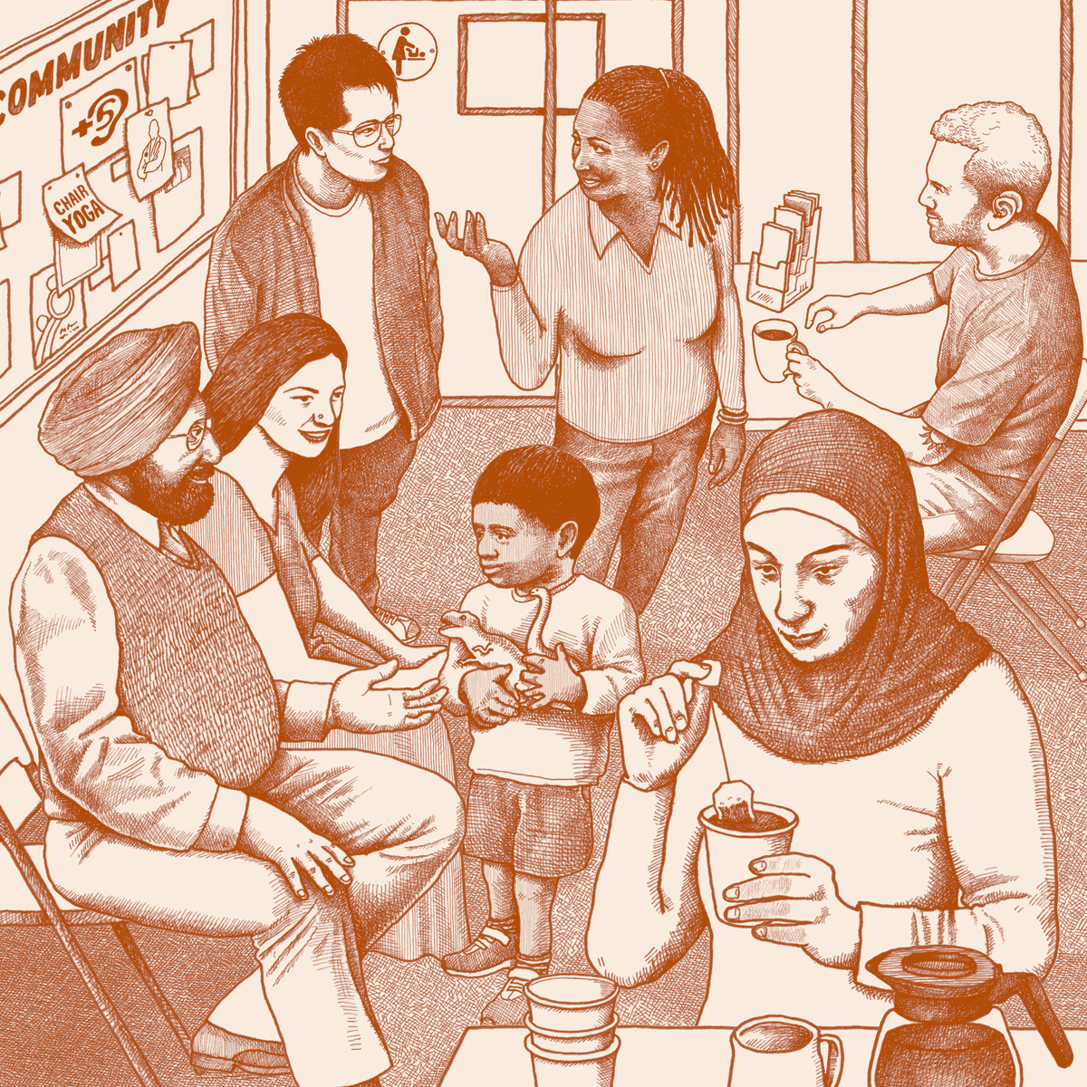 Illustration of a diverse group of seven people at a community center. In the foreground, a Middle Eastern woman wearing a hijab holds a cup of tea. To the left, there’s a middle-aged South Asian man with a beard who wears a turban and glasses. He sits next to a young woman with light skin and long hair. A young child with medium skin tone stands in front of them. In the background, a young Asian man with glasses stands next to a middle-aged Black woman with braided hair. A white man wearing a hearing aid sits next to them and holds a cup of coffee.