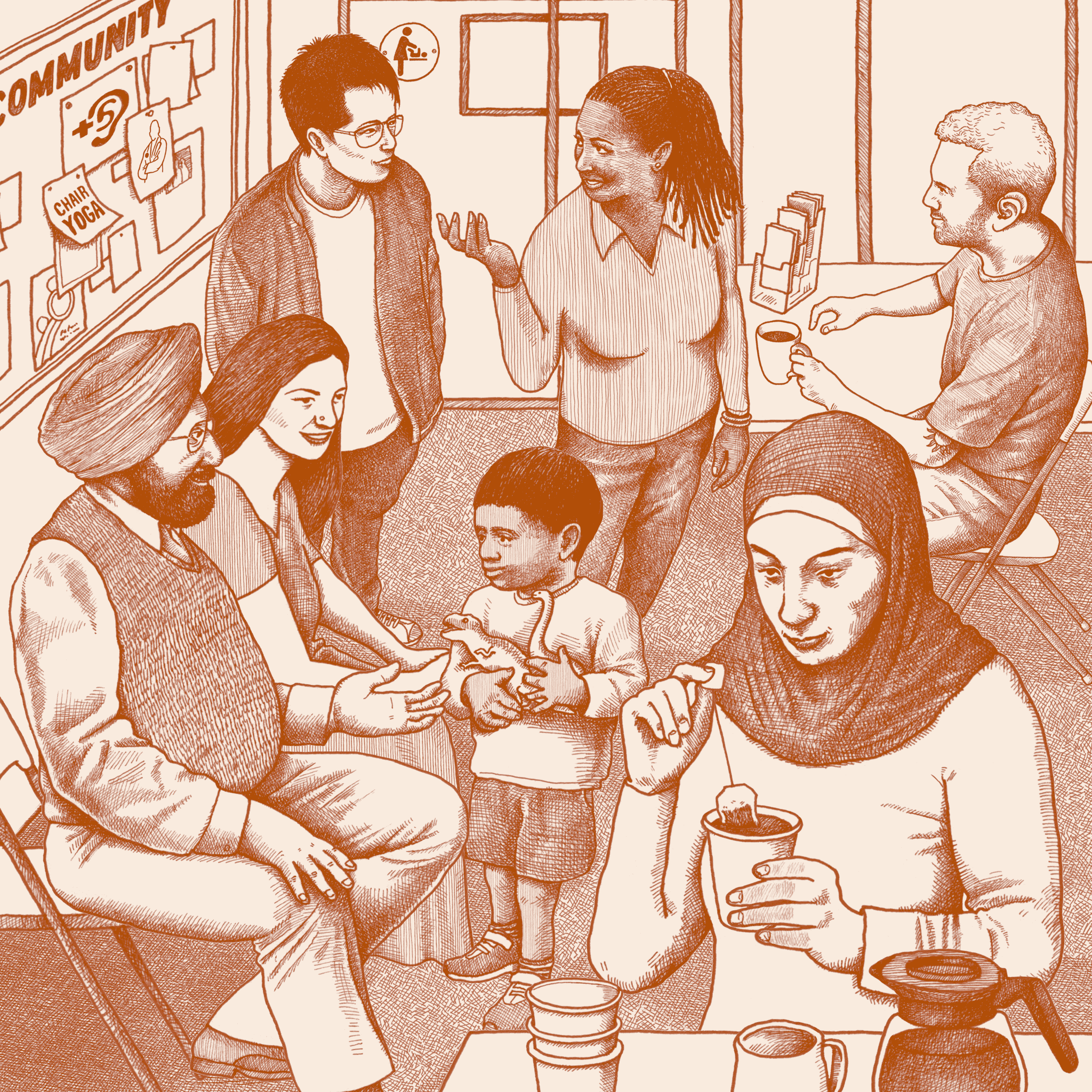 Illustration of a diverse group of seven people at a community center. In the foreground, a Middle Eastern woman wearing a hijab holds a cup of tea. To the left, there’s a middle-aged South Asian man with a beard who wears a turban and glasses. He sits next to a young woman with light skin and long hair. A young child with medium skin tone stands in front of them. In the background, a young Asian man with glasses stands next to a middle-aged Black woman with braided hair. A white man wearing a hearing aid sits next to them and holds a cup of coffee.