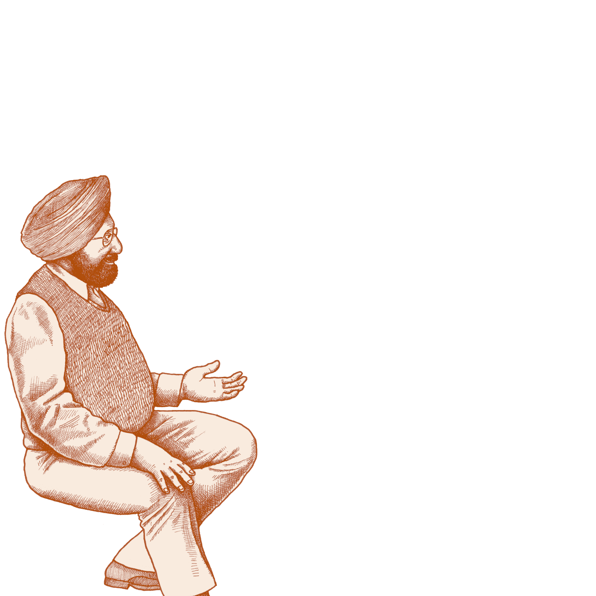 Illustration of a South Asian man with a beard who wears a turban and glasses. He sits at the bedside of his aging mother in a hospital. She wears glasses and they hold hands. 