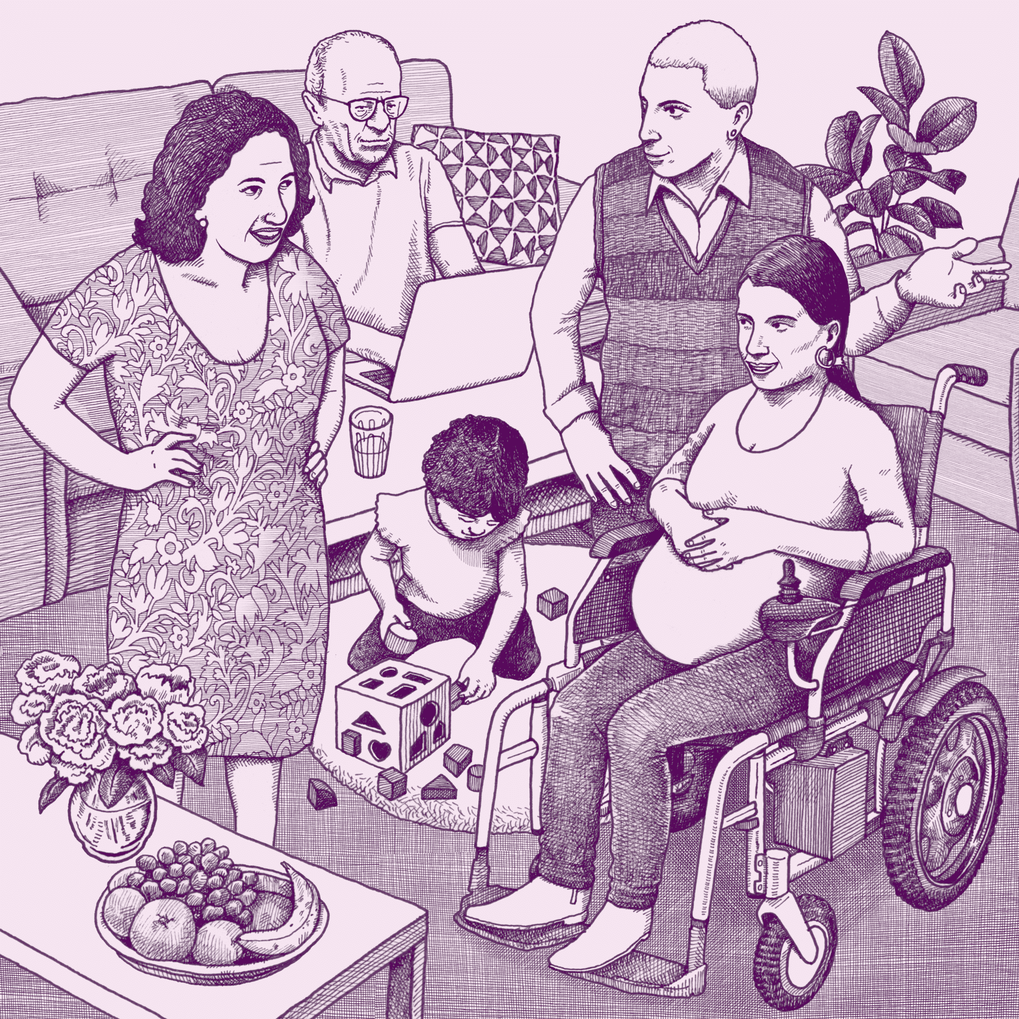 Illustration of a family in a living room. An old, Latinx man with glasses sits on the couch in the background and types on a computer. A Latinx pregnant woman is in a wheelchair in the middle of the room with her white, nonbinary spouse and her middle-aged, Latinx mother. In the middle of everyone, a toddler plays on the carpet with blocks.