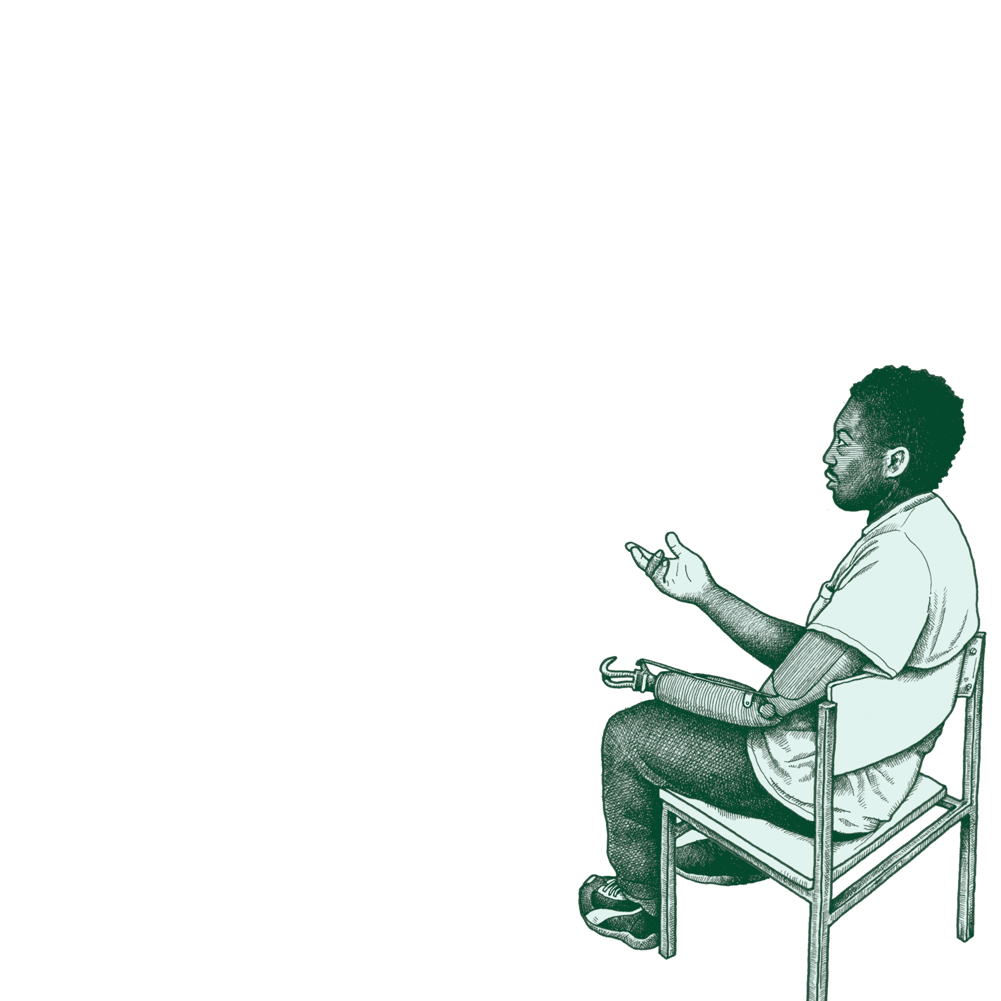 Illustration of a young Black man with a prosthetic left arm. He sits at a table and talks to a group of three people. There are charts and notes on the table and around the room. 