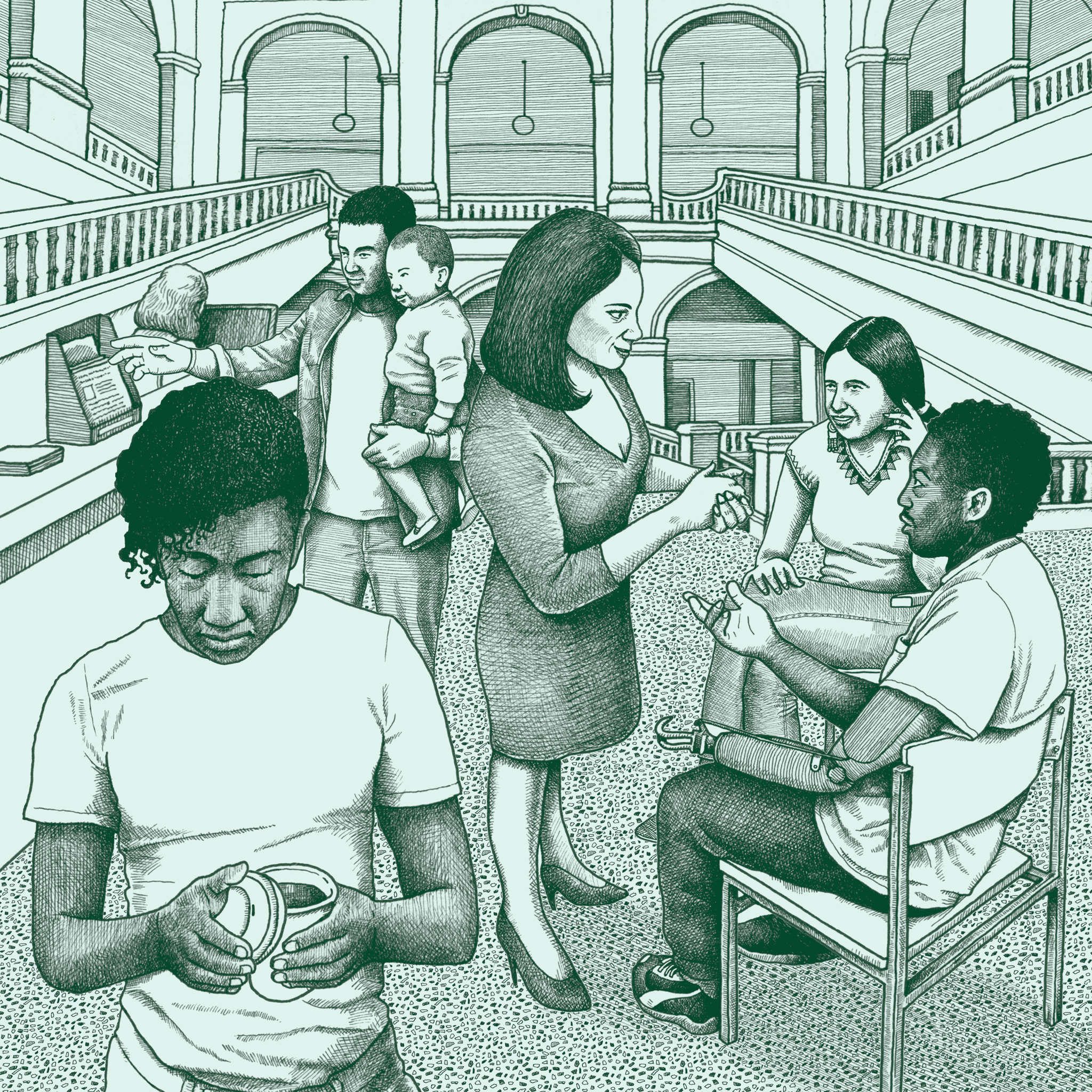 Illustration of seven people inside a city hall. In the foreground, a Black nonbinary person with short, curly hair holds a cup of coffee. To the right, a middle-aged Latinx woman talks to a young Indigenous woman and a young Black man with a prosthetic left arm. The Indigenous woman and Black man sit in chairs. In the background, a young Asian man holds his toddler.