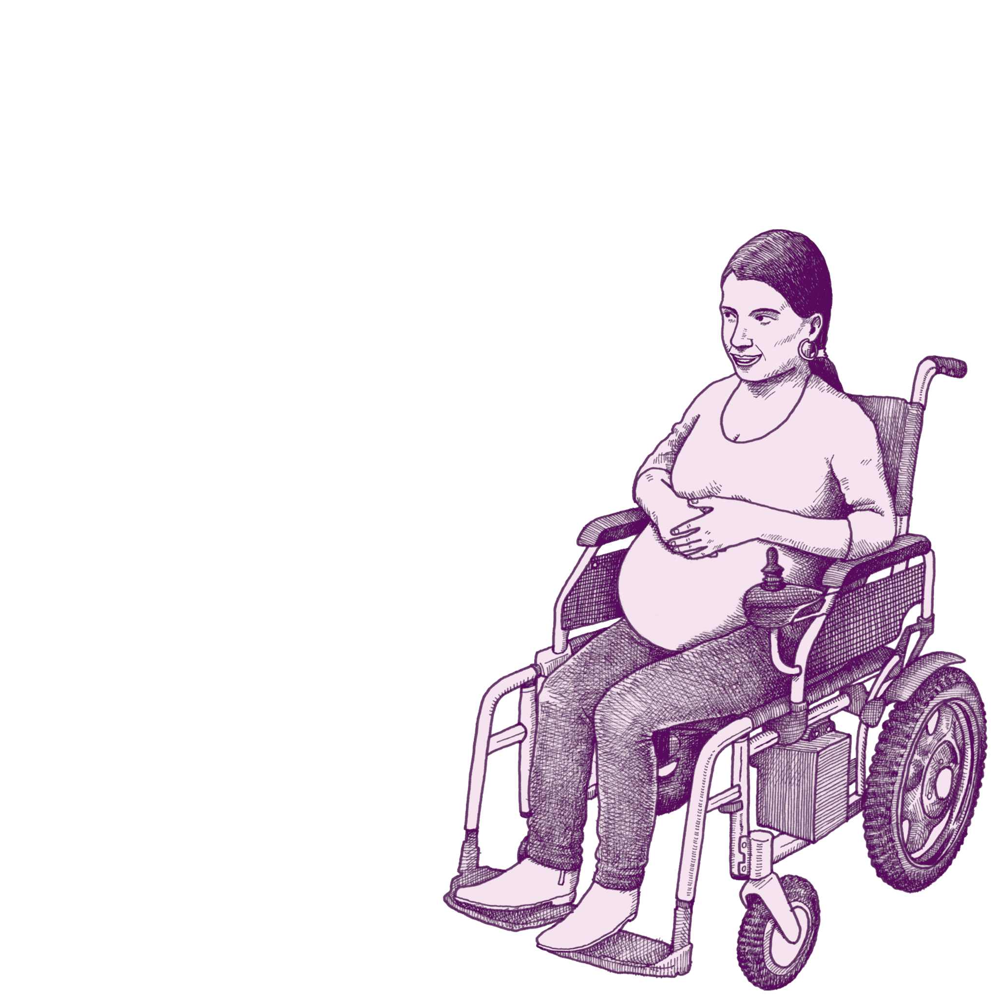 Illustration of a Latinx pregnant woman who uses a wheelchair receiving an ultrasound from a nurse.