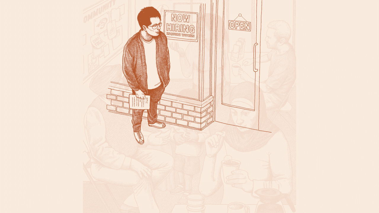 Illustration of a young, Asian man who wears glasses. He holds a resume and stands in front of a storefront with a Now Hiring sign in the window. 