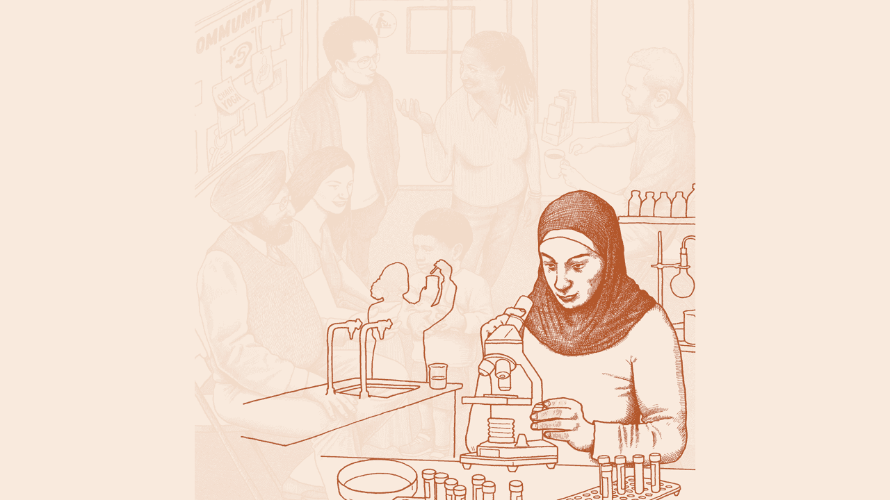 Illustration of a Middle Eastern woman who wears a hijab. She is looking through a microscope in a lab. There are Petri dishes and test tubes on the lab table. 