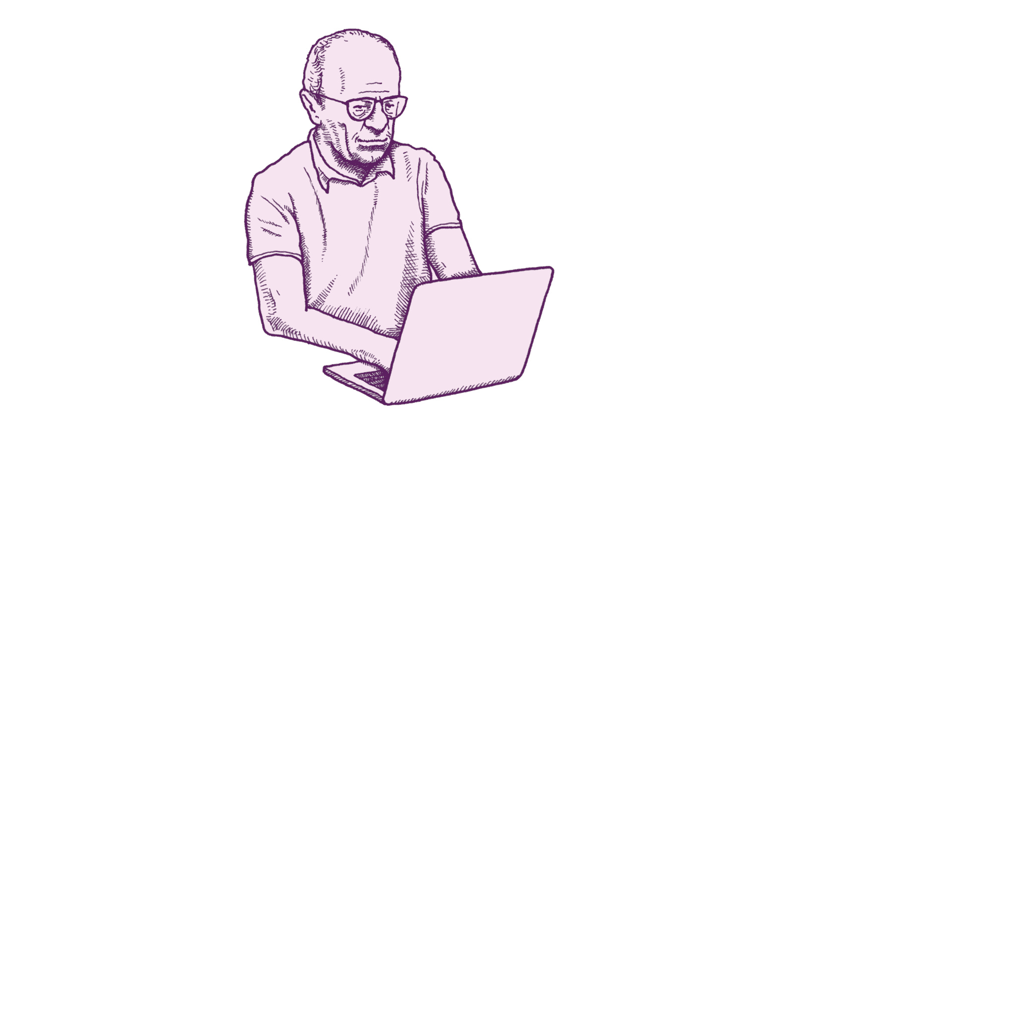 Illustration of an old, Latinx man wearing glasses typing on a computer while a young man stands behind him and points at the computer.