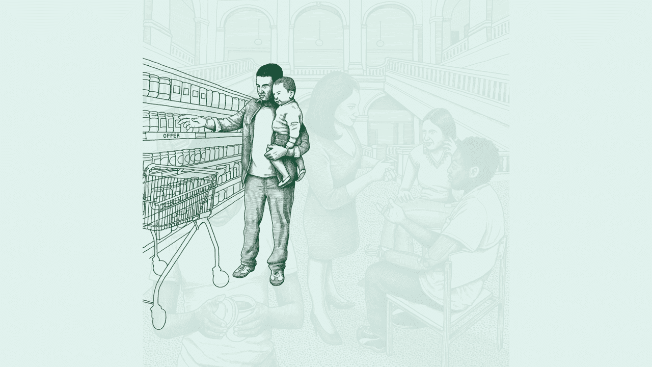 Illustration of a young Asian man holding his toddler at a grocery store. The man reaches for a jar on a shelf.  