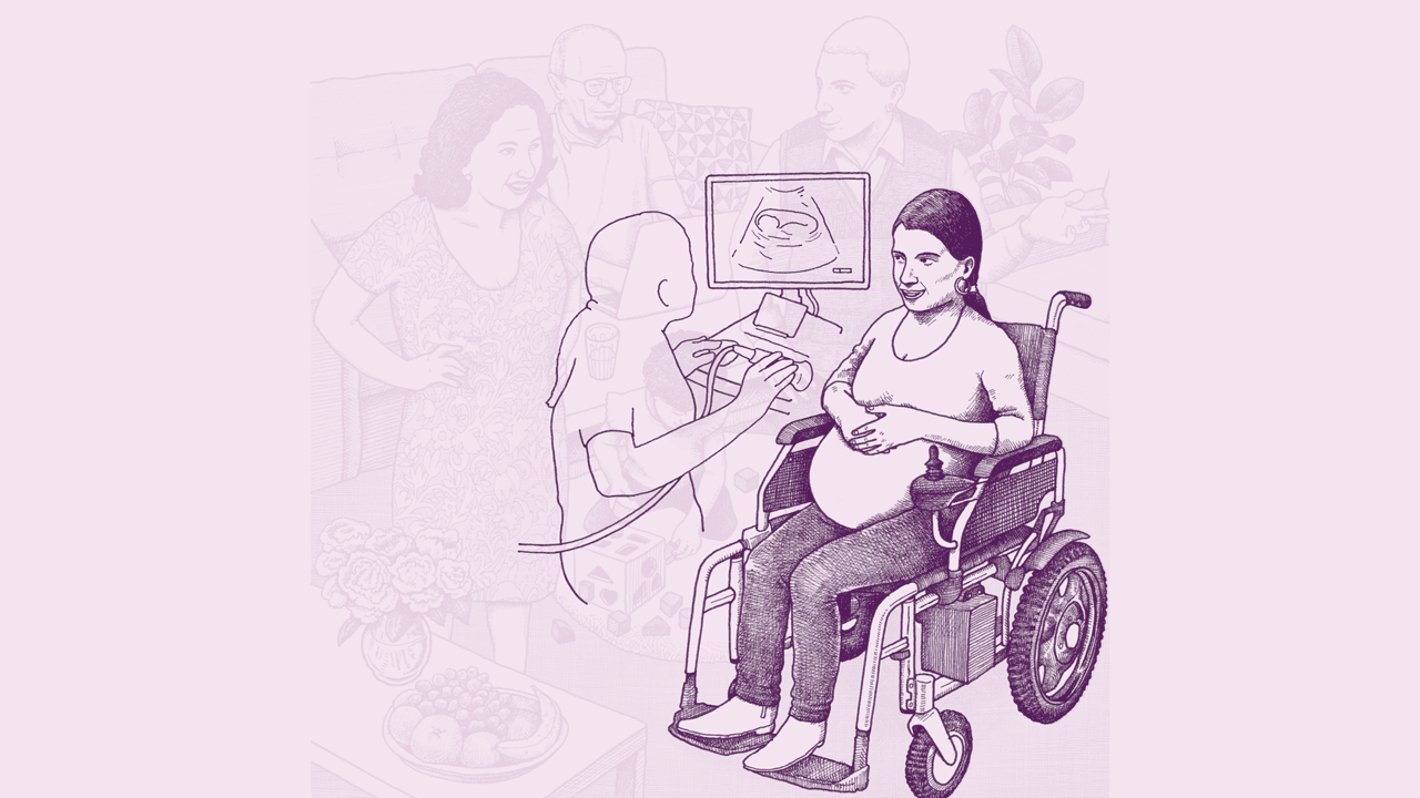 Illustration of a Latinx pregnant woman who uses a wheelchair receiving an ultrasound from a nurse. 