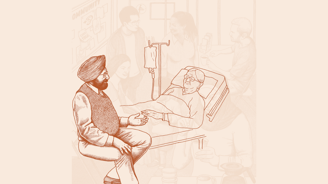 Illustration of a South Asian man with a beard who wears a turban and glasses. He sits at the bedside of his aging mother in a hospital. She wears glasses and they hold hands. 