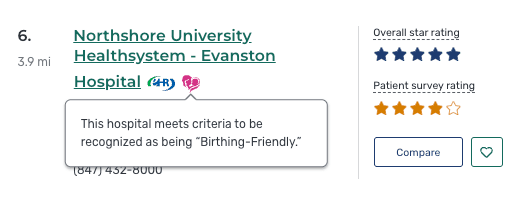 A screenshot of a "Birthing-Friendly" hospital on Care Compare.