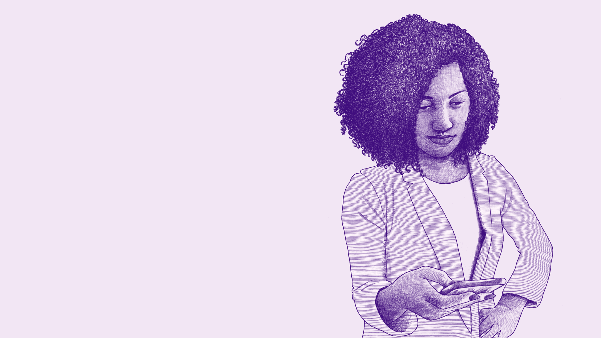 Nava brand line illustration of a woman in a wheelchair in purple ink. Illustrations show the diversity of humanity through a journalistic, intentionally imperfect, photo-realistic style.