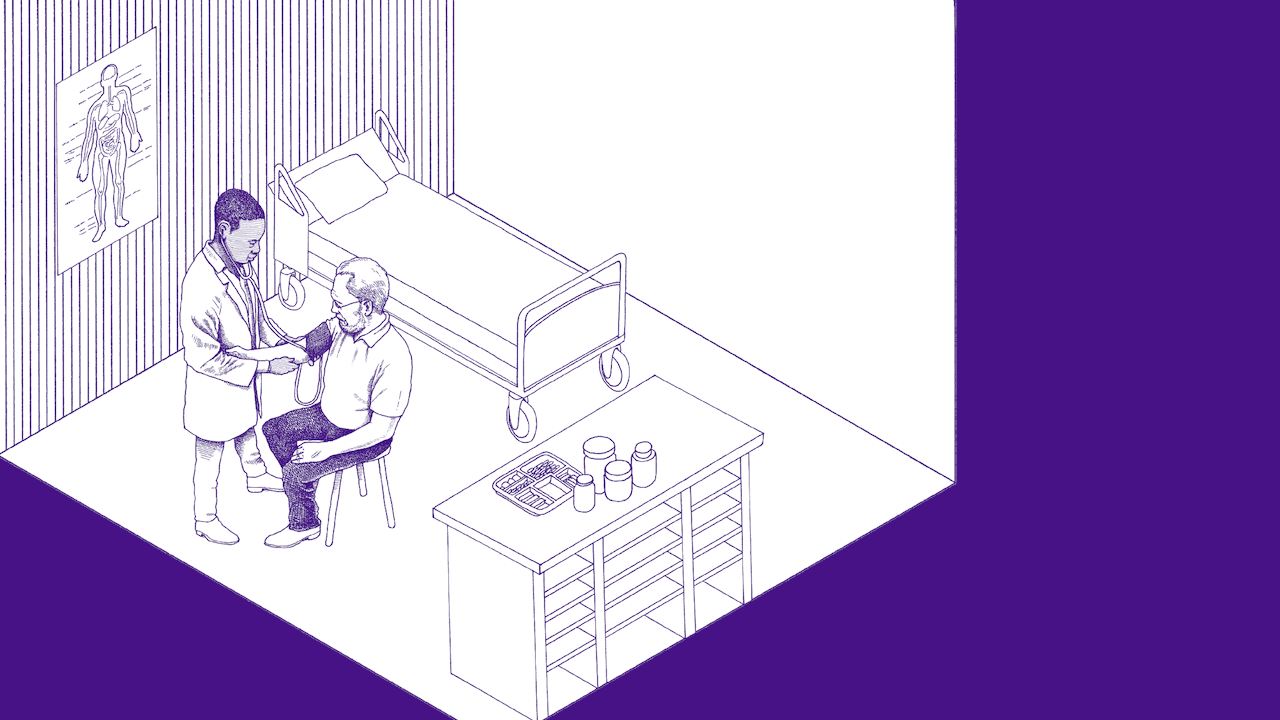 Illustration of an older white man receiving a blood pressure test from a doctor in a health care room.