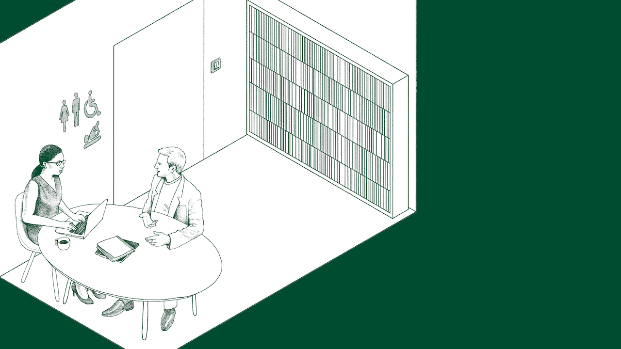 Illustration of a white man sitting at a table talking to a middle-aged indigenous Hawaiian woman who’s wearing glasses and typing on a laptop.