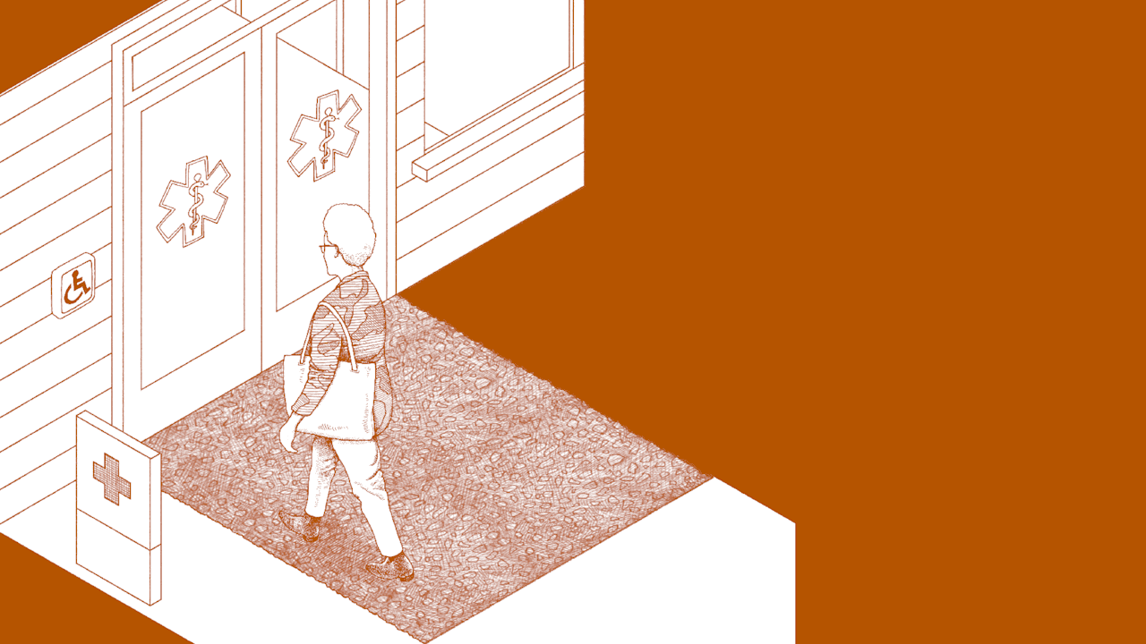 Illustration of a Black woman with short hair wearing glasses and a camouflage jacket. She is walking into the health care facility.