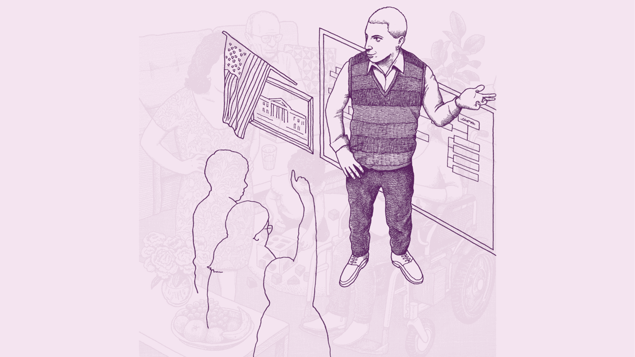 Illustration of a white, nonbinary person presenting a group of people. There are charts on a board behind the person and an American flag on the wall.
