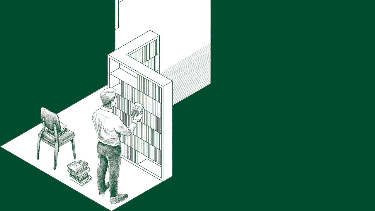 Illustration of the backside of a man who’s holding a book and looking at a bookshelf.