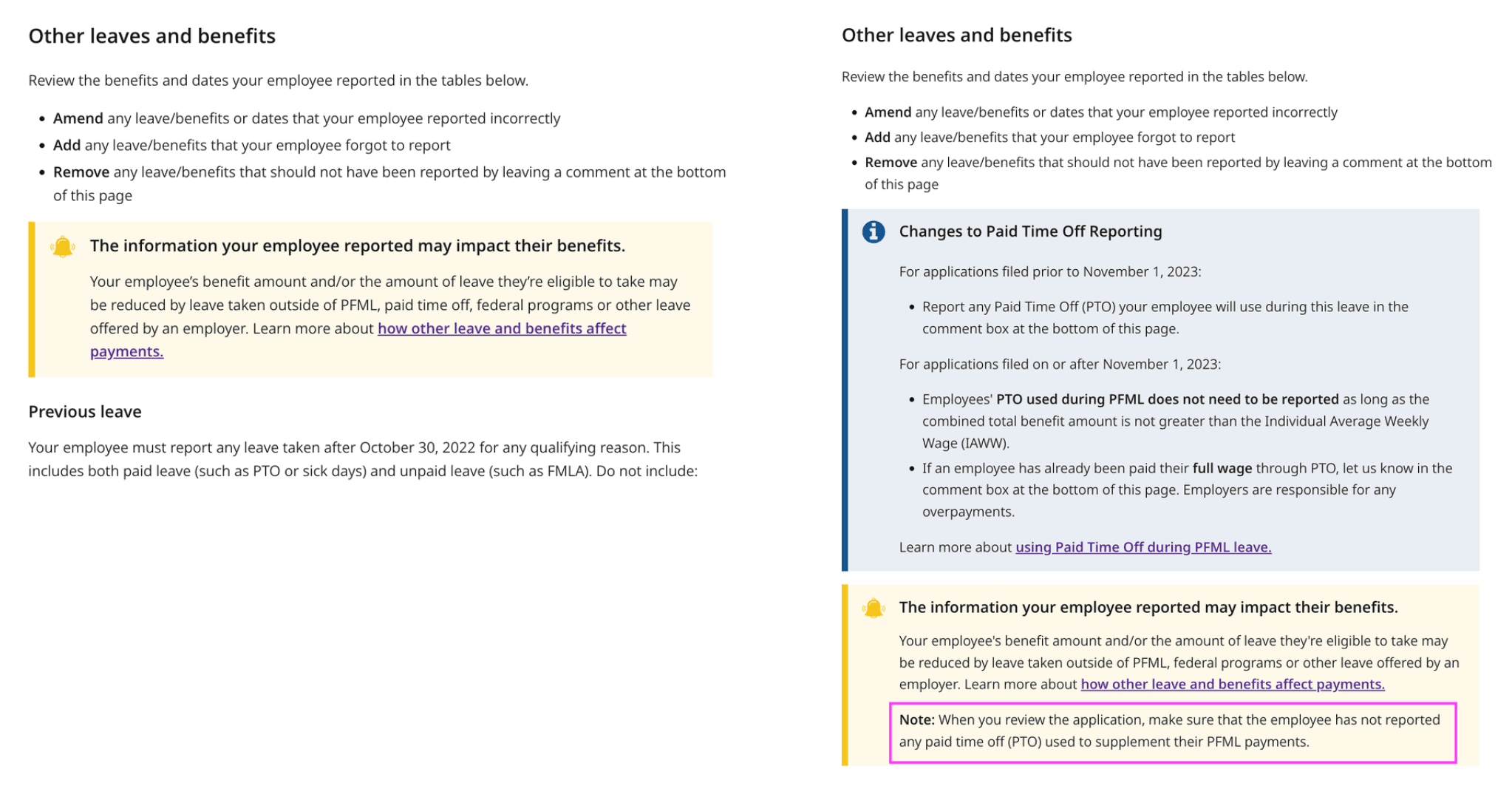 Two side-by-side screenshots of the "Other leave, benefits, and income" section of the employer portal for Massachusetts Paid Family and Medical Leave.