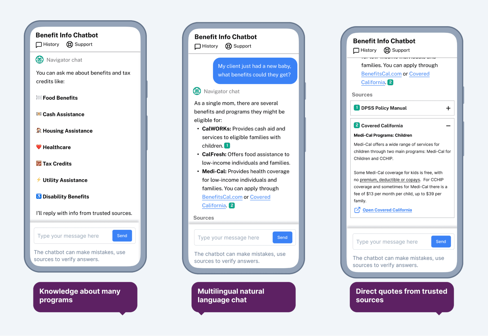 Three screenshots of our chatbot showing its capabilities.
