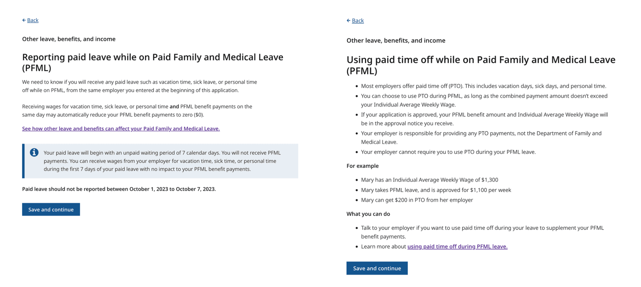 Two side-by-side screenshots of the "Other leave, benefits, and income" section of the Massachusetts Paid Family and Medical Leave application.