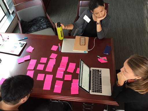 A photo of Caseflow team members, two women and one man, sitting around a table analyzing feedback on the screen of a laptop and pink sticky notes.