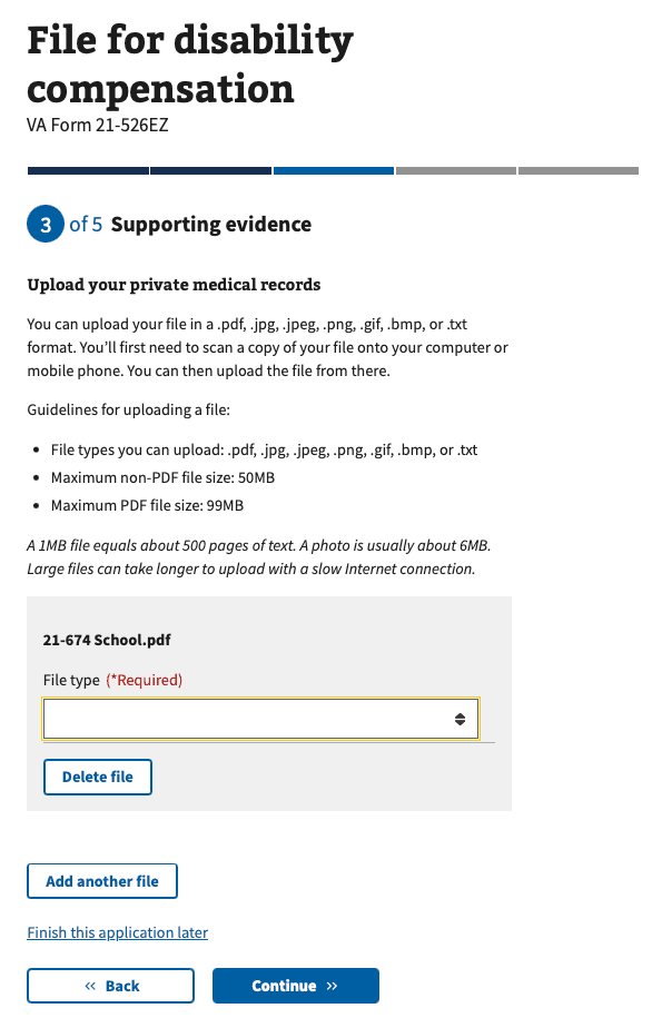 A screenshot of the page where Veterans label their documents on VA.gov.