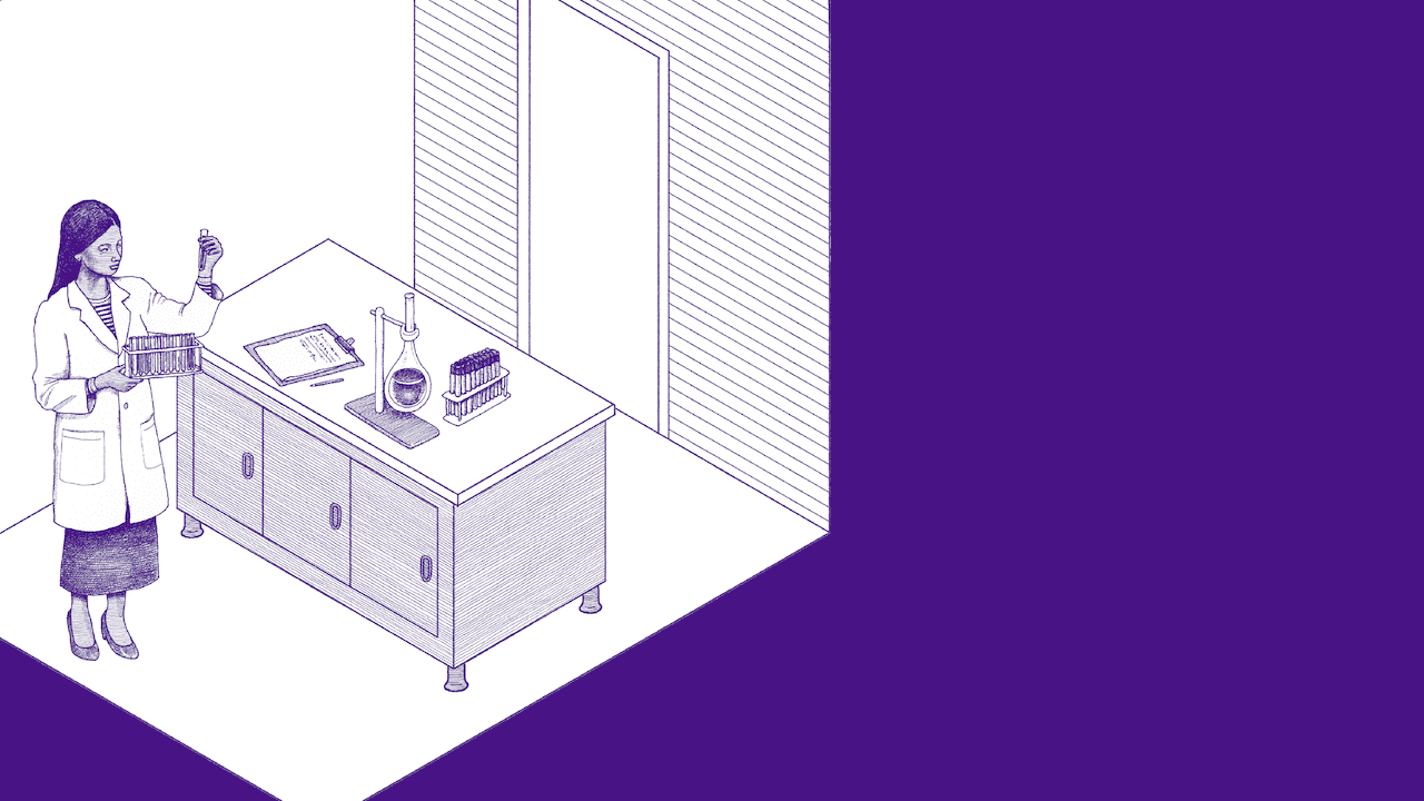 Illustration of a young south Asian woman wearing a lab coat holding a tray of test tubes. She is in a research lab.