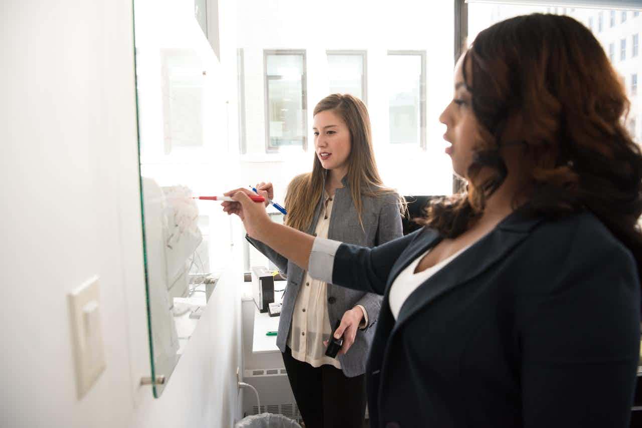 Two women work at a whiteboard. 
