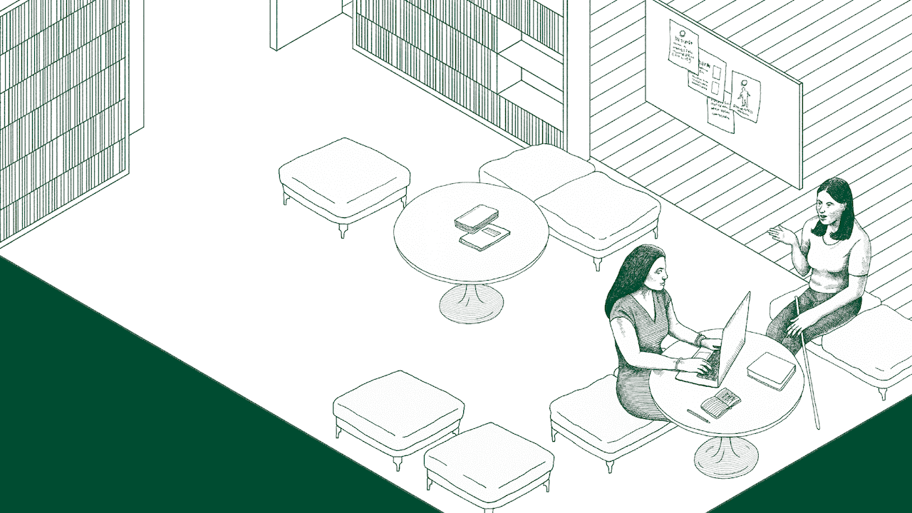 Illustration of a young woman who uses a mobility cane sitting on a couch. She is talking to an Indigenous woman who’s using a computer.